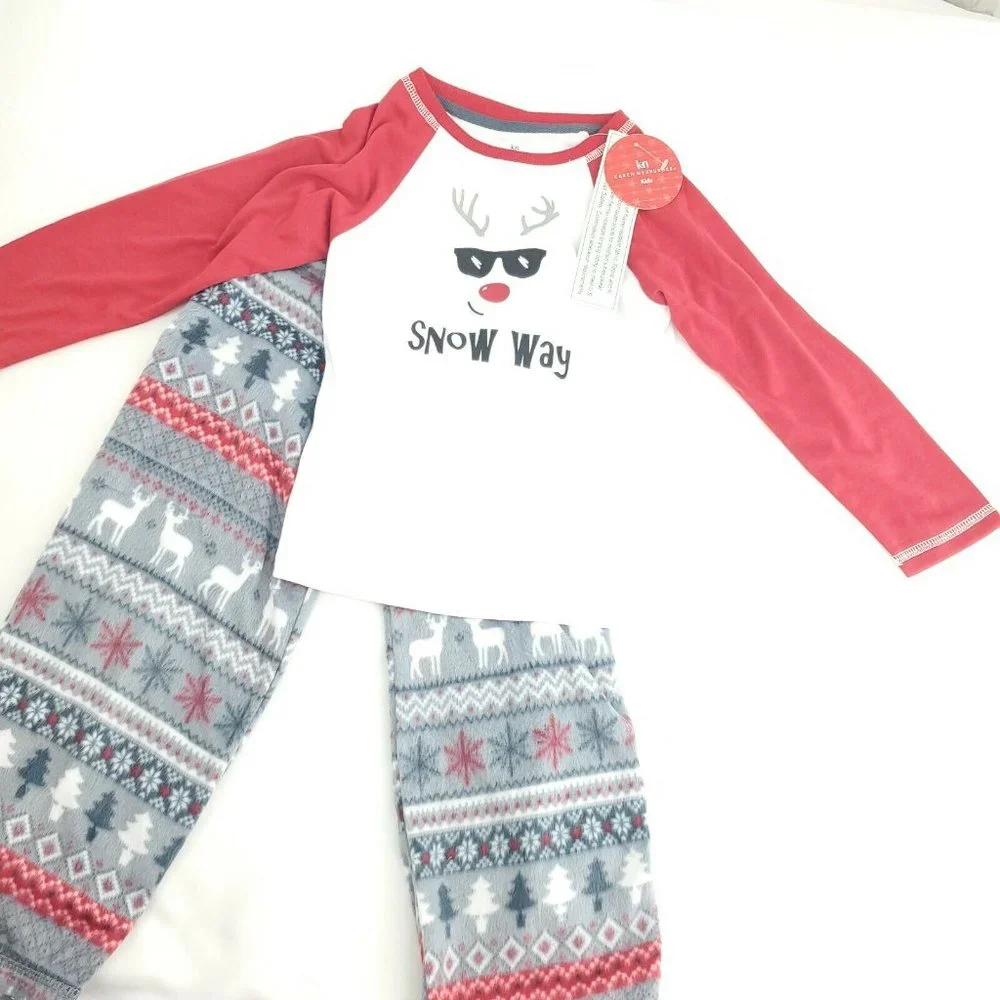 Karen Neuburger Kids Red White Gray Snow Way Fleece 2 Pc Pajama Set Sz X…